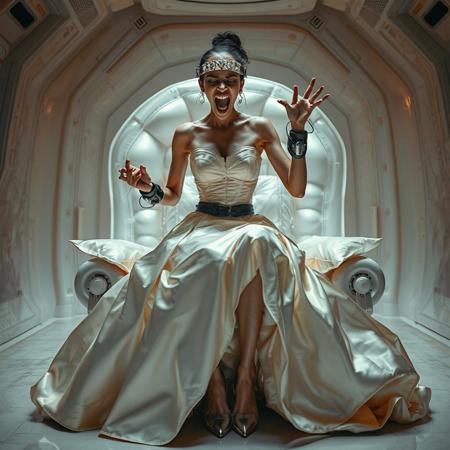 A slender, arrogant bride, dressed in a luxurious, rich fantasy satin wedding gown with a fitted, boned corset and a full, flared skirt, paired with satin high heels, struggles to break free from her restraints, her face contorted in a scream of desperation. The brainwashing headband, is secured to her temples, connected to a  futuristic superconputer rack. Her hands and ankles are bound to a biomechanical white chair, adorned with wet-look glossy pearl pillows, by massive steel restraints, accentuating her ultra-thin waist. she is drugged from standing drop counter with weird medicine. The scene is set in a sterile, empty chamber, with a glossy mother-of-pearl finish, evoking a sense of futuristic dread. Inspired by the cinematic styles of Ridley Scott, Guillermo del Toro, and H.R. Giger, with a blend of sci-fi and horror elements, this full-body portrait is a masterpiece of cinematic storytelling, shot on a virtual v-raptor XL camera, with a warm, film-grained aesthetic, subtle vignette, and rich color grading, reminiscent of 35mm film, with dramatic, atmospheric lighting, inviting the viewer to immerse themselves in this epic, stunning scene.