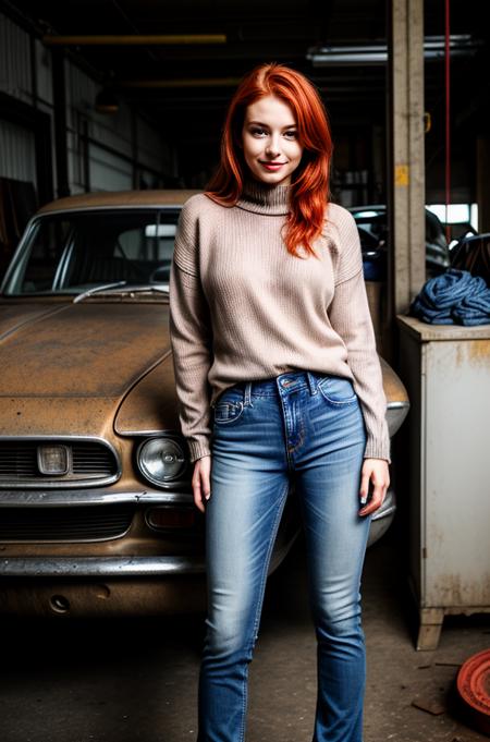 A nerdy redhead wearing a knitted sweater and an old car in a dirty and messy workshop. sexy and firting with the camera. jeans.
<lora:Detail Slider V2 By Stable :0.4>