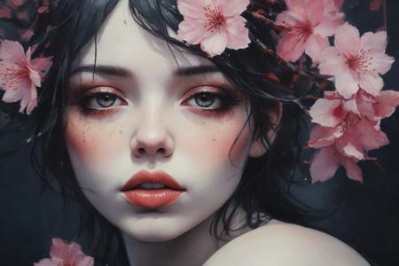 watercolor, dark, dark textured background, closeup, sexy, cherry blossoms, Conrad Roset, Brian Froud, vivid colors <lora:linquivera:1>  <lora:add-detail-xl:0.8>