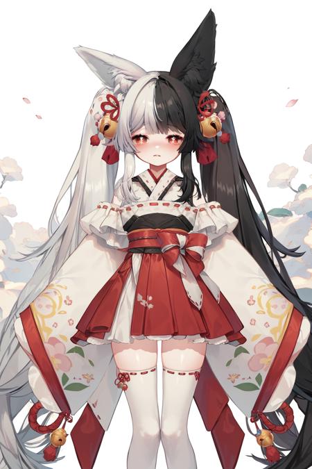 mana,animal ears,red eyes,long hair,black hair,white hair,two-tone hair,thighhighs,red skirt,kimono,hair ornament,symbol-shaped pupils,geta,