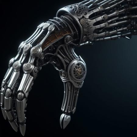 cinematic lighting, 8k, sharp focus,
cast iron filigree cyborg arm,
metal strips, metal plates,
sharp, smooth, fluid, straight, rough, curved, open structure