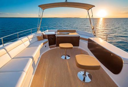 Imagine a sleek, white yacht cutting through the azure waters, leaving a trail of foamy white in its wake. The sun bathes the deck in a warm, golden glow, inviting relaxation and a sense of adventure. Laughter and lively chatter fill the air as a group of young people enjoy the luxurious amenities on board. Plush, cushioned sun loungers beckon with the promise of soaking up the sun's rays, while a shaded bar area offers respite from the heat with refreshing drinks and cool breezes. The gentle rocking of the boat and the endless expanse of the ocean create a sense of freedom and possibility, setting the stage for an unforgettable experience.