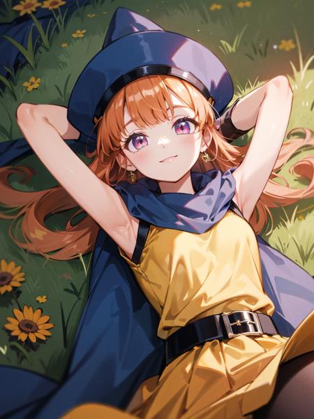 1girl,solo,dq4-alena,long hair,orange hair,Red-purple eyes,sleeveless,black pantyhose,yellow dress,yellow skirt,belt,cape,curly hair,gloves,small breasts,blue headwear, boots,shiny,<lora:dq4-alena:1>,Lying down,meadow,arms behind head,smile,upper Body, (masterpiece), (best quality), (ultra-detailed), intricate detail,