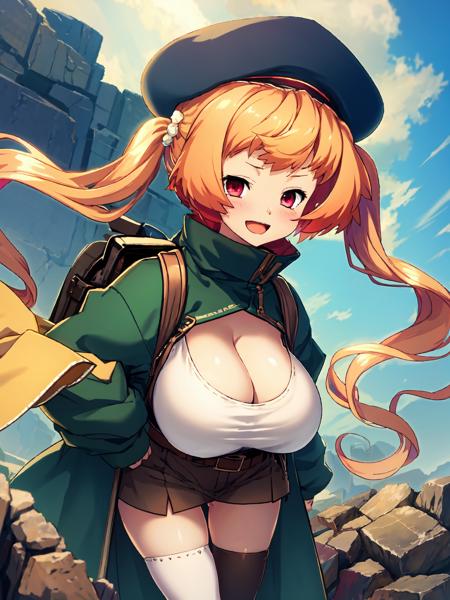 masterpiece,best quality,highres,cinematic lighting,dramatic angle,<lora:Kuroinu2MelV2-000024:0.8>,1girl,red eyes,orange hair,twintails,hat,turtleneck,green coat,white tank top,huge breasts,thick thighs,maebari,bandaid on pussy,white thighhighs,boots,looking at viewer,hand on own cheek,taunt,ridicule,sneer,(:d:0.86),(half-closed eyes:0.68),dwarf,hands on own hips,backpack,package,close-up,portrait,depth of field,bent over,cleavage,belt