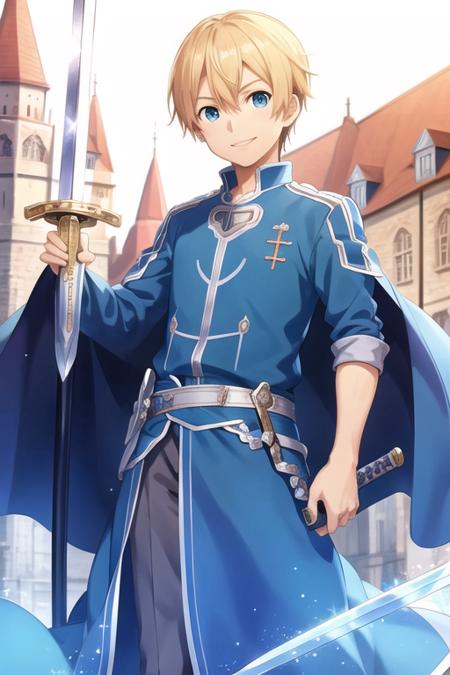 <lora:eugeo:0.6>, 1boy, eugeo, looking at viewer, standing, cowboy shot, full body, smiling, sword, castle