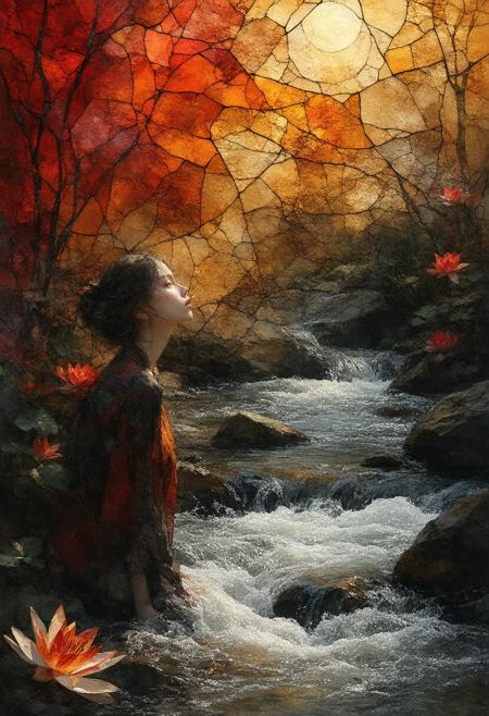 A poignant and dreamlike scene, depicting a young woman beside a creek, surrounded by foam, crimson lilies, and bathed in the warm hues of a sunset, rendered as a fractured stained-glass Cubist reverie. The composition bursts with evocative colors â fiery orange, deep crimson, tranquil indigo â sharply contrasted by stark black outlines and a pervasive, ethereal glow. Multiple perspectives converge, revealing the girl's contemplative gaze and the serene beauty of the landscape from various angles, creating a dynamic interplay of introspection and tranquility. Subtle photorealistic details â the texture of her hair, the ripples in the water, the delicate petals of the lilies â are intricately interwoven with the geometric fragmentation, lending a paradoxical depth and realism. A soft, golden glow emanates from within the stained-glass elements, intensifying the sense of wistful beauty and fleeting moments. Ultra detailed, 8k resolution, volumetric lighting, octane render, a visually arresting and emotionally resonant composition, capturing the essence of quiet reflection and the splendor of nature.