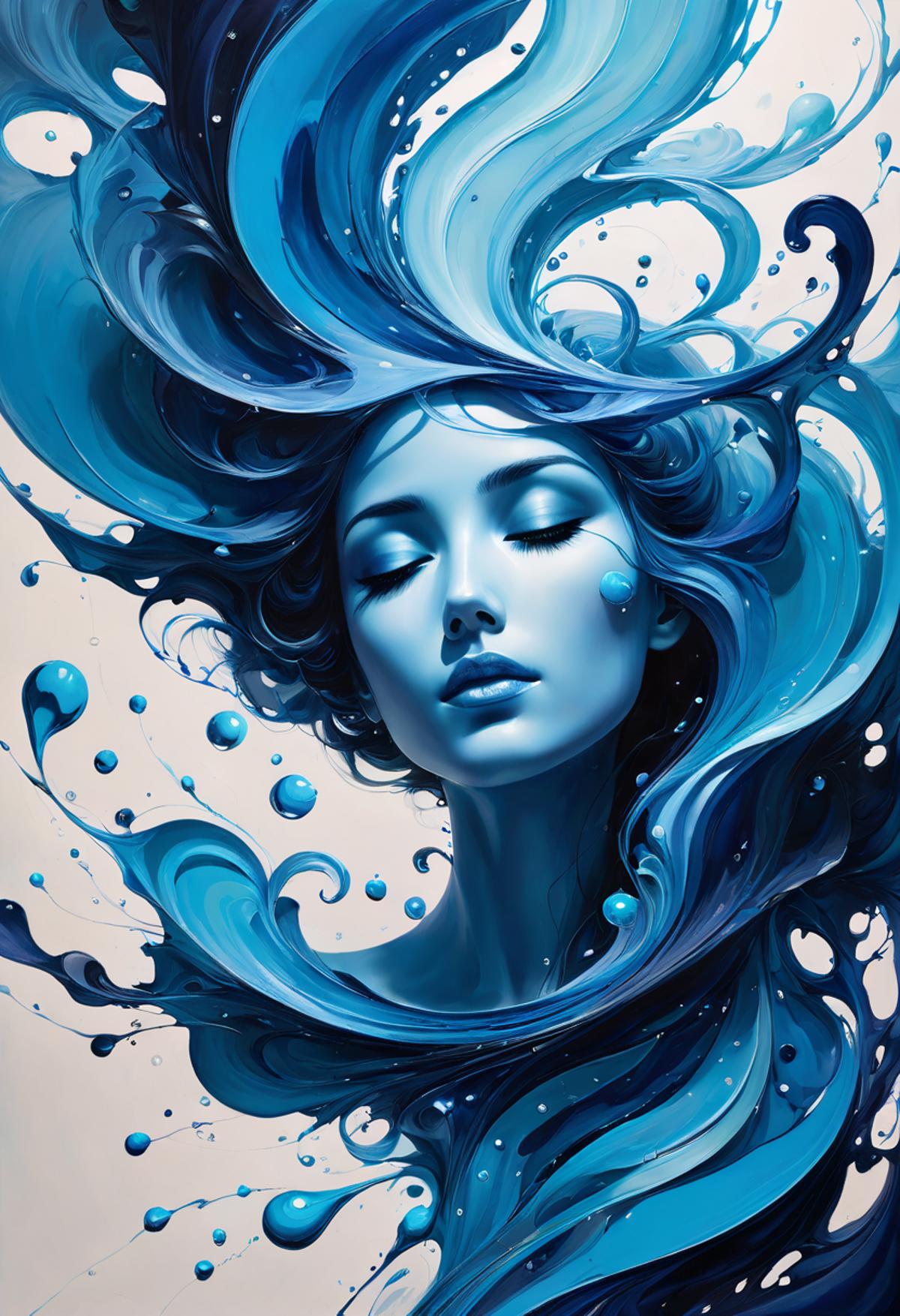 A woman in a blue dress with blue hair, surrounded by blue water and blue droplets.