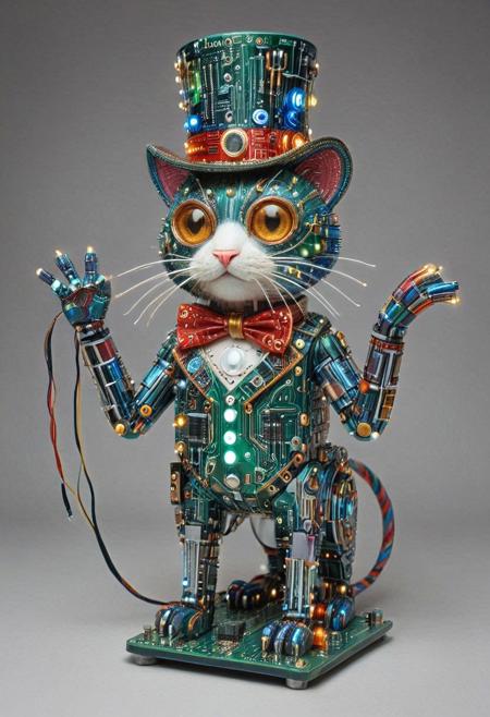 embedding:lazmpos, Transistors, pcb_style, LED, colorful LED lights, RGB lights, red green and blue cat, art deco, top hat, cane, monocle,RetroBG