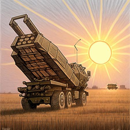 a drawing of a HIMARS frolicking in a grain field at sunset with launcher stowed <lora:himars16-v1-step50:1>