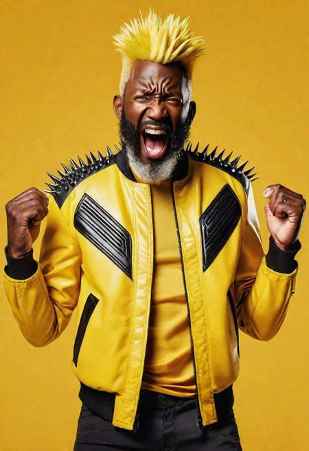 Singulara solo, yellow jacket, dark skinned, upper body, cry, electric, spiky yellow hair, glow hair, yellow background, black pant, long sleeve,  spiky beard, old man,  <lora:Singulara:0.8>