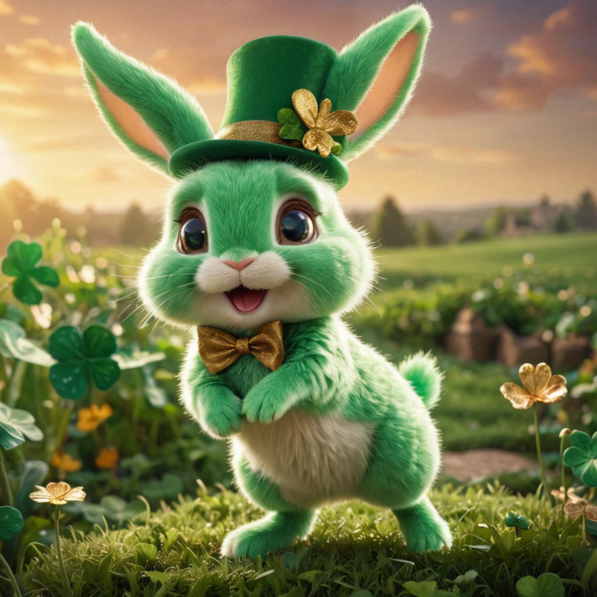 Dreamscape cinematic film still Fairy tale, (a cute green bunny with leprechaun hat), (leaping:1.2), fluffy, shamrock fiel...