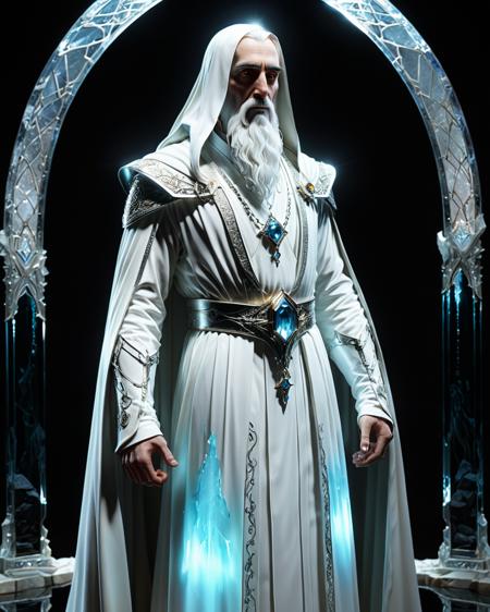 noble and pure dignified full body Saruman in an illuminated white robe,  light shining through robe and hair, transparency, shadows, long white beard, hood, water, reflections, pure white tower, light shining through CALCITE, silver, chrome, closeup highly detailed illuminated face, light shining through gemstone of semi-precious stone, jewels, Kay Nielsen, arch, volumetric lighting, prismatic effect, <lora:add-detail-xl:1.0>  <lora:xl_more_art-full_v1:0.5>