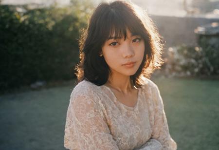 leica m3, 35mm Voigtlander lens, Portra 160/400, photo of Japanese pop star in 1970s, high contrast, natural  sunlight