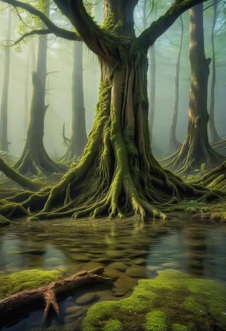 a tiny fresh spring emerges from the mossy ground and the clear water starts gently trickling away in a magical fashion, it flows past gargantuan tree roots,realistic, national geographic photograph, award-winning