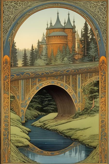 <lora:Ivan Bilibin Style:1>Ivan Bilibin Style - 15th century colored lithograph woodcarving of a bridge, surrounded by a decorative border meander in art nouveau style.