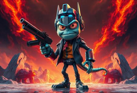 A symmetric portrait of a smart-looking, long Humanoid Slime from Transformers, standing on an Ice Age Panic backdrop, wielding a gun, inspired by John Button and Jajaboonords' Flipjimtots. This high-res, 4K artwork features sharp lines, vibrant colors, and stunning details, from the eyes and clothes to the dipstick tail and connector. The dynamic action pose, captivating lighting, and vivid emotions create a powerful message. Handcrafted with precision, this unique piece boasts intricate details, trending on Artstation and showcasing a harmonious color palette, influenced by Raphael and Houdini styles. Available for CotW and eBay listings, this artwork embodies the Golden Ratio and contemporary aesthetics, sure to trend on ArtstationHQ and impress with its beautiful matte painting and balanced editing.