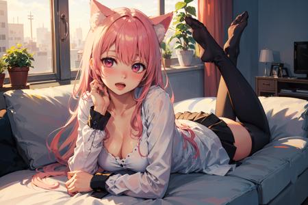 (Masterpiece, best quality:1.4), (ultra-detailed), color full, color full, God rays, ray tracing, dutch angle, look down,
1girl,  solo, pink hair, (medium breasts),long hair, pink eyes, cat ears, collarbone, wrist cuffs, bow, white shirt, skirt, miniskirt, (black legwear:1.3), hair flower, open mouth, blush, nose blush, tell your world \(vocaloid\),
(Get on the couch, lying on stomach, on stomach), looking at viewer, full body, solo focus, staring, head tilt, hand on own face, head rest, arm support, (medium breasts:1.3),(thighhigh holes:1.3)
Living room, plants, flowers, sofa, floor-to-ceiling windows, lights, windows, night, sky,pov