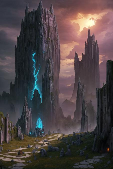 epic fantasy landscape inspired by Lineage 2, vast ancient ruins of a forgotten empire, crumbling gothic temples with glowing runes, floating monoliths and golden light piercing through stormy skies, distant silhouette of a colossal winged boss creature standing on a mountain peak, magical energy swirling through the air, lush overgrown forests and cracked marble roads, abandoned castles in the mist, blue flames burning in giant braziers, otherworldly statues of angel warriors lining the paths, high fantasy atmosphere, wide cinematic composition, dramatic golden hour lighting, 4K ultra-realistic DSLR fantasy photography, depth, sharp details, photo-quality textures, magical ambient glow, inspired by the world design of Lineage 2 endgame zones.a rift in the sky glowing purple above the ruins waterfalls cascading from floating islands small armored characters on horseback traveling through the landscape
