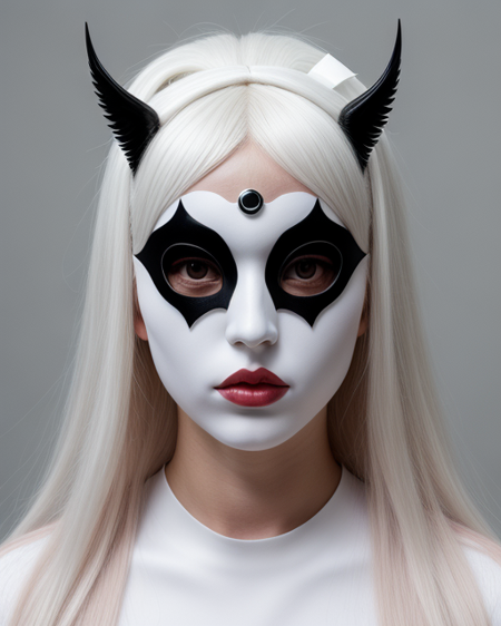 Lucia maria jorgos's fashion mask is textured white, Australian woman, in the style of chiho aoshima, demonic photograph, deborah azzopardi, dollcore, aries moross, playfully conceptual, appropriation artist high fashion, fashion week style raw