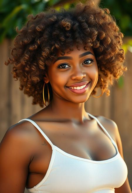 High resolution scan, Stunning, A beautiful young feminine (biracial) woman, wearing a white tank top, daisy dukes with nappy light brown afro, big boobs, posing for the camera, smiling, candid photo journalism, sharp bokeh uhd, gritty realistic, warm dappled lighting, in focus low depth of field, 16mm film quality with grain, pantone analog style, Dramatic backlighting, Rim lighting, perfect color tones, (imperfect skin quality), skin blemishes, freckles and skin pores, sharp fine details, Extremely detailed, slight sweat on skin