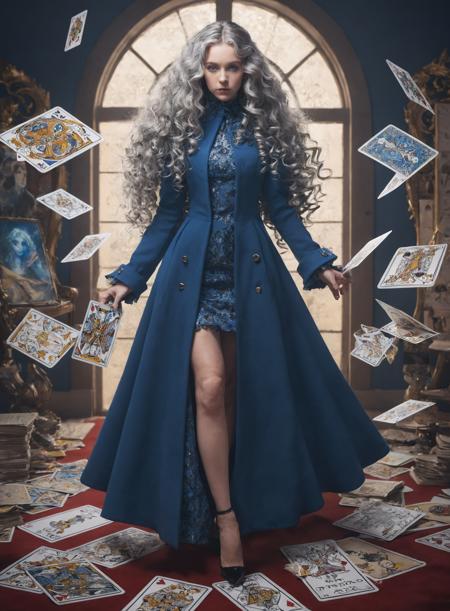 female,silver_hair,blue_eyes,long_hair,curly_hair,blue_dress,high_collar,coat,book,tarot_card,floating_objects,elegant,military_inspired,persona_series,velvet_room,formal_attire,pointed_shoes,full_body,ethereal,anime_style,