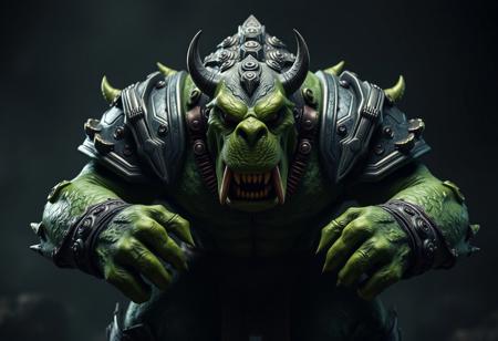 A single, central Gladiator Beast Dimacari, monstrous and predominantly green, full-body form/armor. Dynamic, assertive stance, arms bent, fists clenched, ready for battle. Large, menacing face with exaggerated features, prominent nose, wide angry eyes. Dark, defocused background with dramatic, captivating cinematic lighting. Photorealistic, 8k, intricate details, Octane Render, Unreal Engine 5, Splash Ink Illustration, CGSociety, Artstation trending, Golden Ratio composition.