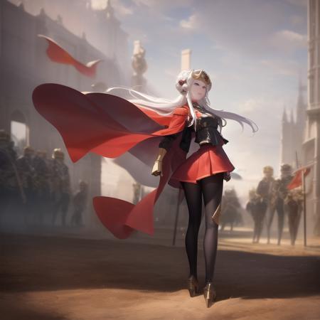 1girl, highres, masterpiece, ((edelgard emperor)), fullbody, standing, detailed face, battlefield, medieval setting