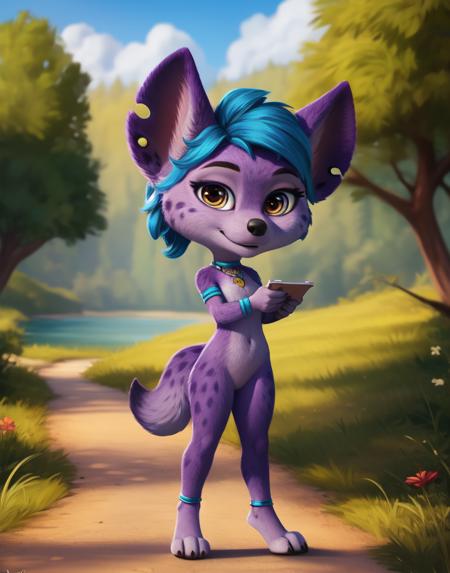 LenaHuenaCartoon blue hair, purple fur, hyena, gray eyes, pink tank top, pink shorts, pink sneakers,