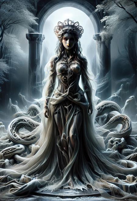 masterpiece, absurdres, best quality, amazing quality, ultra-detailed, newest, extremely detailed, very aesthetic, 
rating_safe, source_anime, 
BREAK, 
1girl, medusa, beautiful Medusa, a Gorgon, long hair, serpentine hair, snake hair, each snake with glowing eyes, 
hair made of tree, hair made of PG-TR, PG-TR, 
ais-ghostly, 
golden eyes, glowing eyes, alluring and menacing, crown of serpents, dress, black dress, tattered gown made from dark mystical fabrics, 
pale skin, marble-like hue, shimmering in the moonlight, 
Around her, statues of former victims stand frozen in place, and the air is thick with an ominous aura.