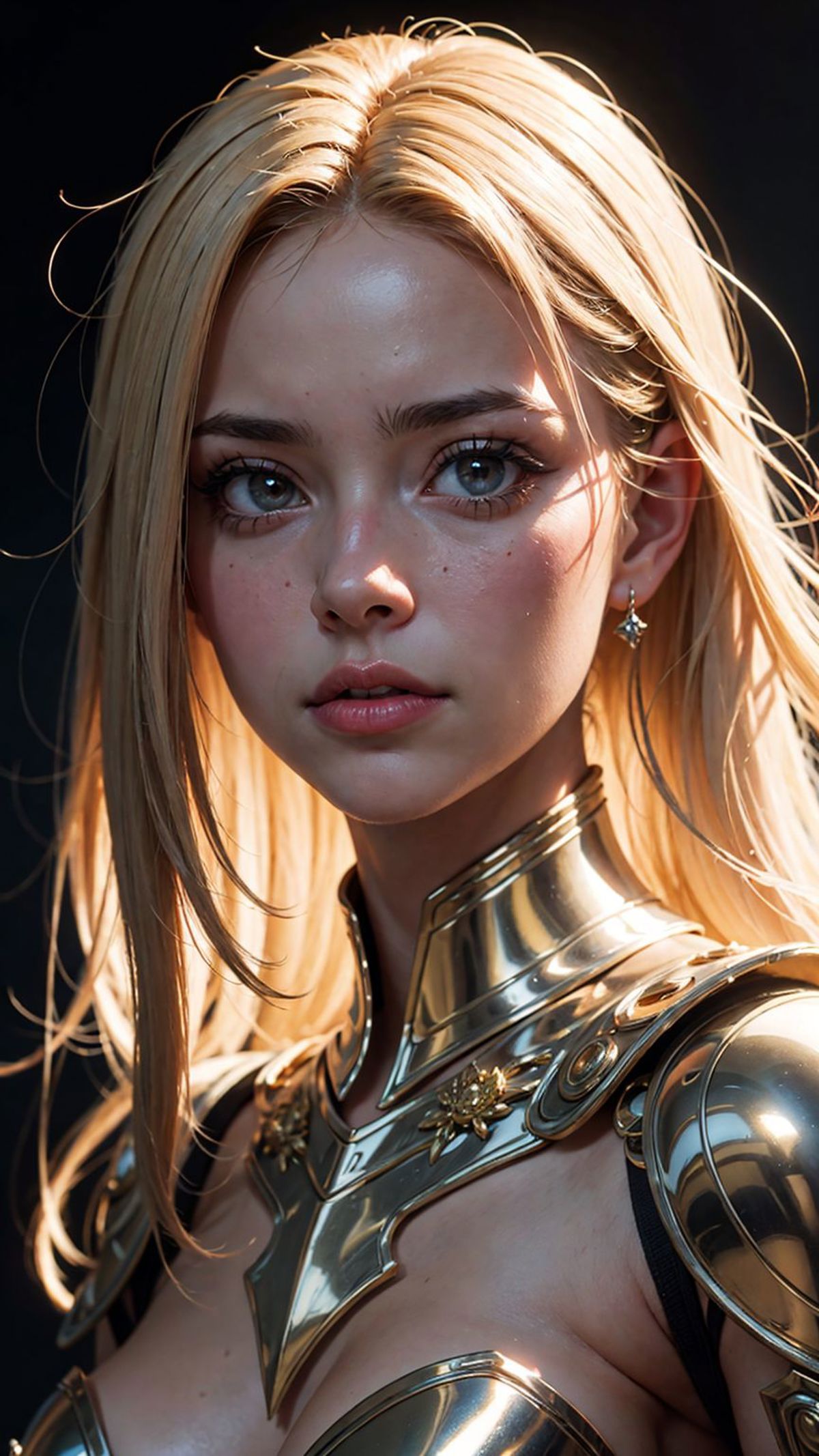 Blonde Haired Woman in Golden Armor with Dangling Earrings.