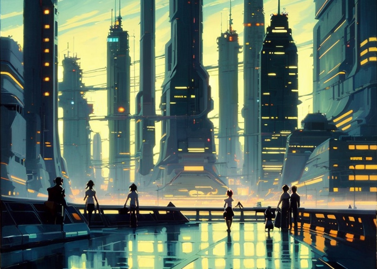 "star farm city", a far future sci-fi decopunk painting by greg manchess and makoto shinkai, trending on artstation, [:vib...