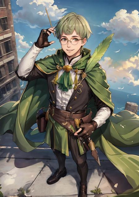 (masterpiece, best quality), detailed background, outdoors, sky, cloud, full body, from above, looking at viewer, smile, <lora:IgnatzVictor-10:0.65>, warIgnatz,1boy,glasses,green cape,feathers,fingerless gloves