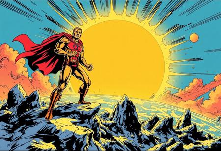 Comic book in the style of Jack Kirby, a 'super hero' stupidly brings the sun to the Earth's surface, chaos ensues,