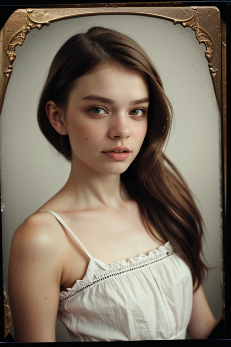 YarynaKostyuk, ((1900s photograph, Gibson tuck, soft blush wearing cotton chemise with square neckline, ruffled cuffs, and delicate lace trim, antique setting)), Century Camera Co. Studio, 160mm f/8, 1/10s, ISO 25, ((tintype))