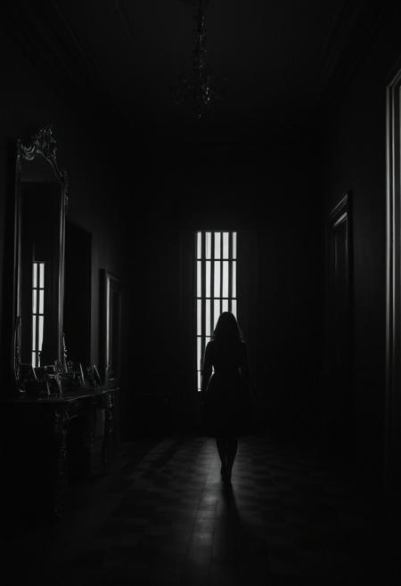 1girl, The room gradually transforming into a dark, twisted version of her reality, with shadows creeping closer, symbolizing her entrapment