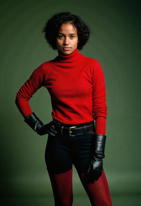 RAW full body analogue photo of a beautiful 20 years old woman, ,__Random_Woman__,adasweater, black hair, short hair, black eyes, red sweater, turtleneck, harness, pantyhose, black gloves, belt ,low light, soft natural light, Rembrandt style light, Hasselblad DLSR camera, 200mm Zeiss lens, f/2.8 ,Sexy pose, erotic pose, eshibitionism