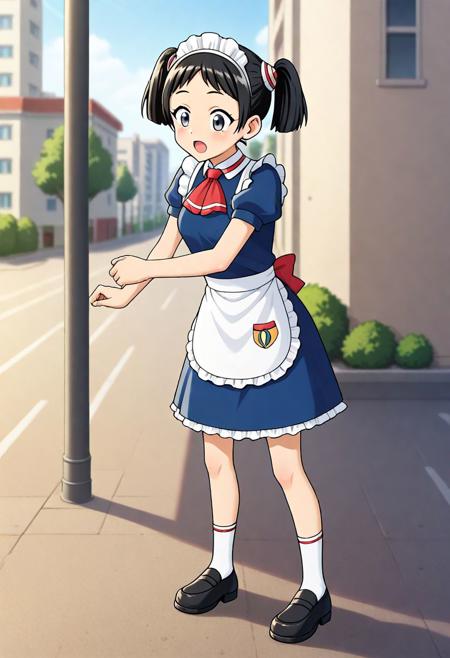 mar-roboco, black eyes, bowl cut, black hair, short twintails, maid headdress, mar-roboco outfit, red neckerchief, maid, maid apron, white socks, black shoes, mar-roboco, black eyes, bowl cut, black hair, short twintails, maid headdress, mar-kthroboco, black hair, bob cut, short twintails, grey eyes, maid headdress, mar-kthroboco outfit, red neckerchief, maid, maid apron, white socks, black shoes, mar-kthroboco, black hair, bob cut, short twintails, grey eyes, maid headdress,