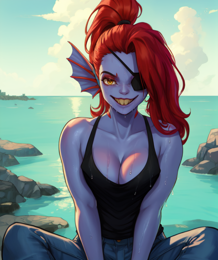 undyne,blue skin,ponytail,gills,yellow eyes,red hair,
black shirt,collarbone,toned,smile,bare shoulders,cleavage,pants,
sitting,wet,resort,sea,
(insanely detailed, beautiful detailed face, masterpiece, best quality)solo,<lora:Undyne:0.8>,