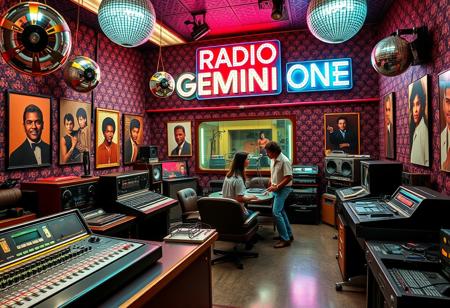 Create a detailed scene of an American radio studio from 1974 with a funky, R&B vibe. The studio features vintage equipment, including large analog mixing boards, turntables, and reel-to-reel tape machines. The room is adorned with glittering disco balls, colorful neon lights, and posters of popular R&B artists from the era. The walls have vibrant, patterned wallpaper with a retro feel, and there’s a groovy atmosphere with people wearing bell-bottoms, wide-collared shirts, and platform shoes. Prominently displayed in the background is a retro sign that reads “RADIO GEMINI ONE” in bold, glowing letters, capturing the essence of the 1970s funk and R&B culture.