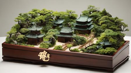 Diorama，The wooden box contains a meticulous and miniature model of verdant Chinese landscapes. The intricate design showcases the rolling hills, meandering rivers and lush greenery, capturing the essence of China's breathtaking natural beauty. This model is a work of art that exudes a sense of peacefulness and serenity.