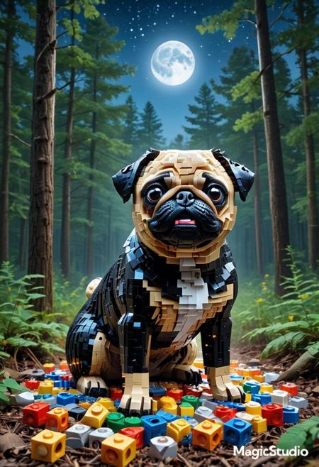 LEGO SDXLposXL, A mischievous pug, made of lego, lego parts, sleek black fur shimmering in the moonlight, foxfire wisps floating around, set against the quiet forest at night.