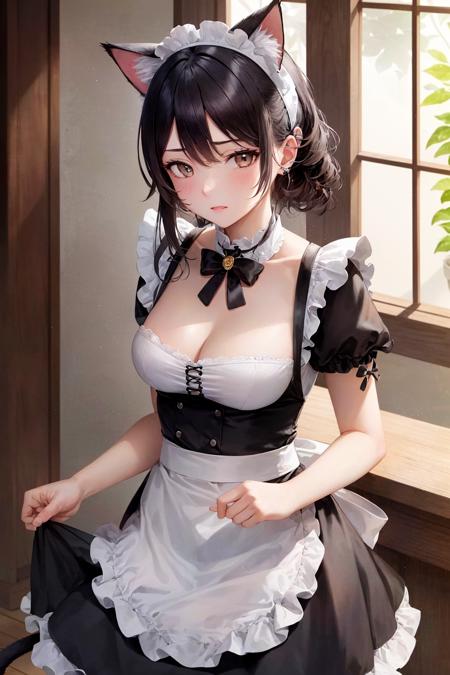 masterpiece, best quality, ultra-detailed, beautiful lighting, 1girl, cat ears, cat tail, maid