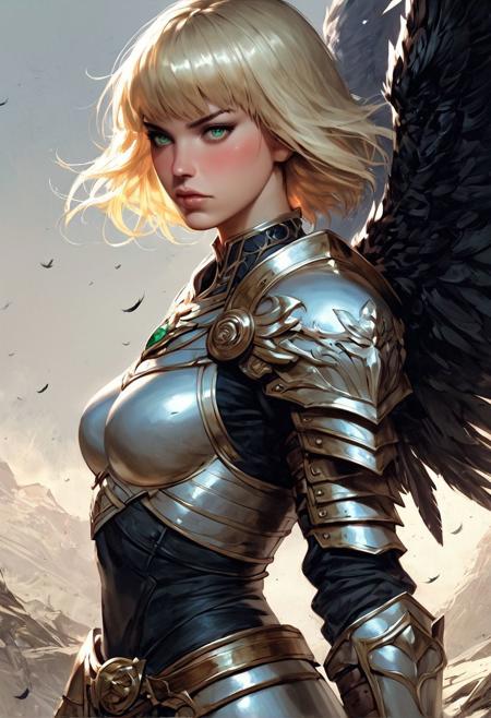 score_9, score_8_up, score_7_up, score_6_up, score_5_up, score_4_up,<lora:Fant5yP0ny:0.8>, 1girl, armor, weapon, wings, solo, shoulder armor, portrait of a woman,  blonde bob cut hair blowing in wind, digital painting,  erotic, mystic beauty up, raw, fcNeg, Expressiveh, (realistic:1.2), highly detailed, fantasy, 
/BREAK/
1woman, 38 years old, pale skin, (mischievous expression:1.2), (green eyes:1.2), natural skin texture, exposed, (perfect face:1.2), (shiny white shag hair:1.5), (bangs:1.3), subsurface scattering, flat breasts, horny, (blush:1.2), very detailed face, covered by black feathers, giant black wings, black feathers