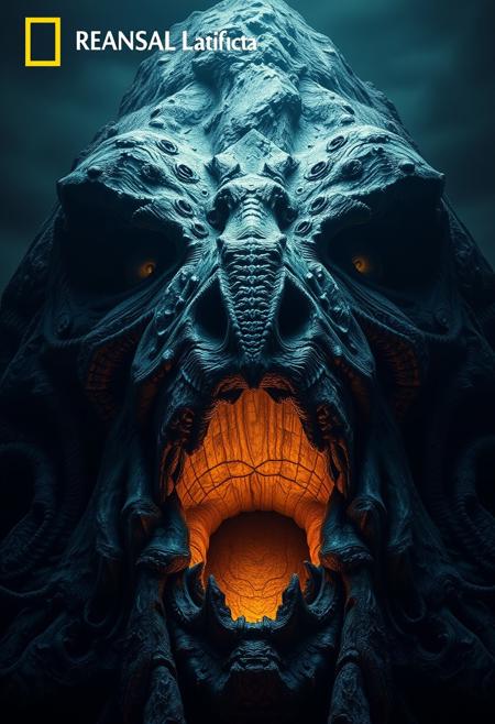 Lovecraftian realism, 32k UHD, national geographic style, photography, mysterious terrifying horrifying scary enormous anthropomorphic mountain, eyes, mouth, night, intricate design, photorealistic, hyperrealistic, high definition, extremely detailed, cinematic, UHD, HDR, 32k, ultra hd, realistic, vivid colors, highly detailed, perfect composition, beautiful detailed intricate insanely detailed octane render, trending on artstation, artistic photography, concept art, soft natural volumetric cinematic perfect light, Macro photography, close-up, hyper detailed, trending on artstation, sharp focus, studio photo, intricate details, highly detailed