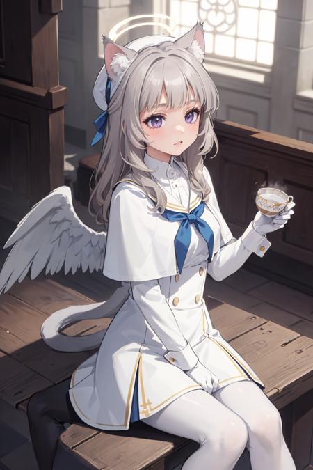 masterpiece, best quality, highly detailed, 1girl,  <lora:BlueArchive_Trinity_Mob_v1-000195:0.4>, sitting on wooden chair, (holding tea cup:1.3), from above, (church, indoors:1.5), white gloves, long sleeves, white sleeves, (white dress, white capelet, white pantyhose:1.3), white wings, (white sailor collar:1.1), (blue cuffs:1.5), black loafers, (black neckerchief:1.2), (white beret:1.1), halo, (low wings, white angel wings:1.2), sitting on wooden bench,  <lora:Genshin_Little_Lynette_v3:0.3>, (cat ears, cat tail:1.2), purple eyes, white hair, long hair, cat tail, (white pantyhose:1.2),