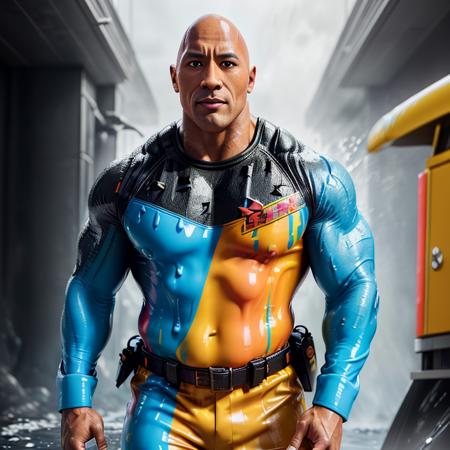 (dwayne the rock johnson wearing a wet paint firefighter outfit:1.25), multicolored, <lora:paintpop:0.71>, paintpop, cute face, perfect face, rtx on, ray tracing enabled, 3d render, octane render