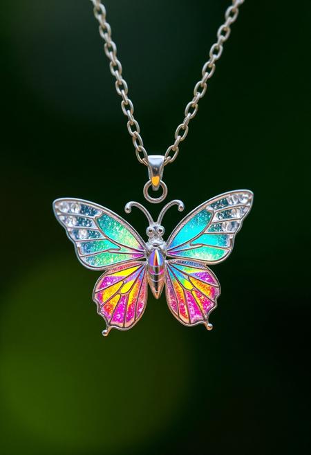 A diminute, very small radiant silver metallic butterfly necklace, adorned with sparkling wings (vibrant rainbow hues). The necklace floats in the air, as if worn by someone invisible, creating an almost magical aura.