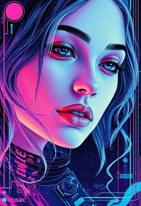 high quality design aesthetics, synth pop, detailed, pop album cover, beautiful young white woman, artist name "Musaic"
