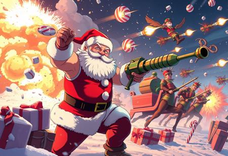 anime style, muscel Santa Claus in red tank top fightin in a war, christmas sphere granades, candy cane weapons, chocolate soldiers, elfs with army helmet, reindeers wit cannons, 
flying christmas sleighs throwing marshmallow bombs, many colors explosions, suggar dust, giant nutcrackers, gift explosion flying in pieces