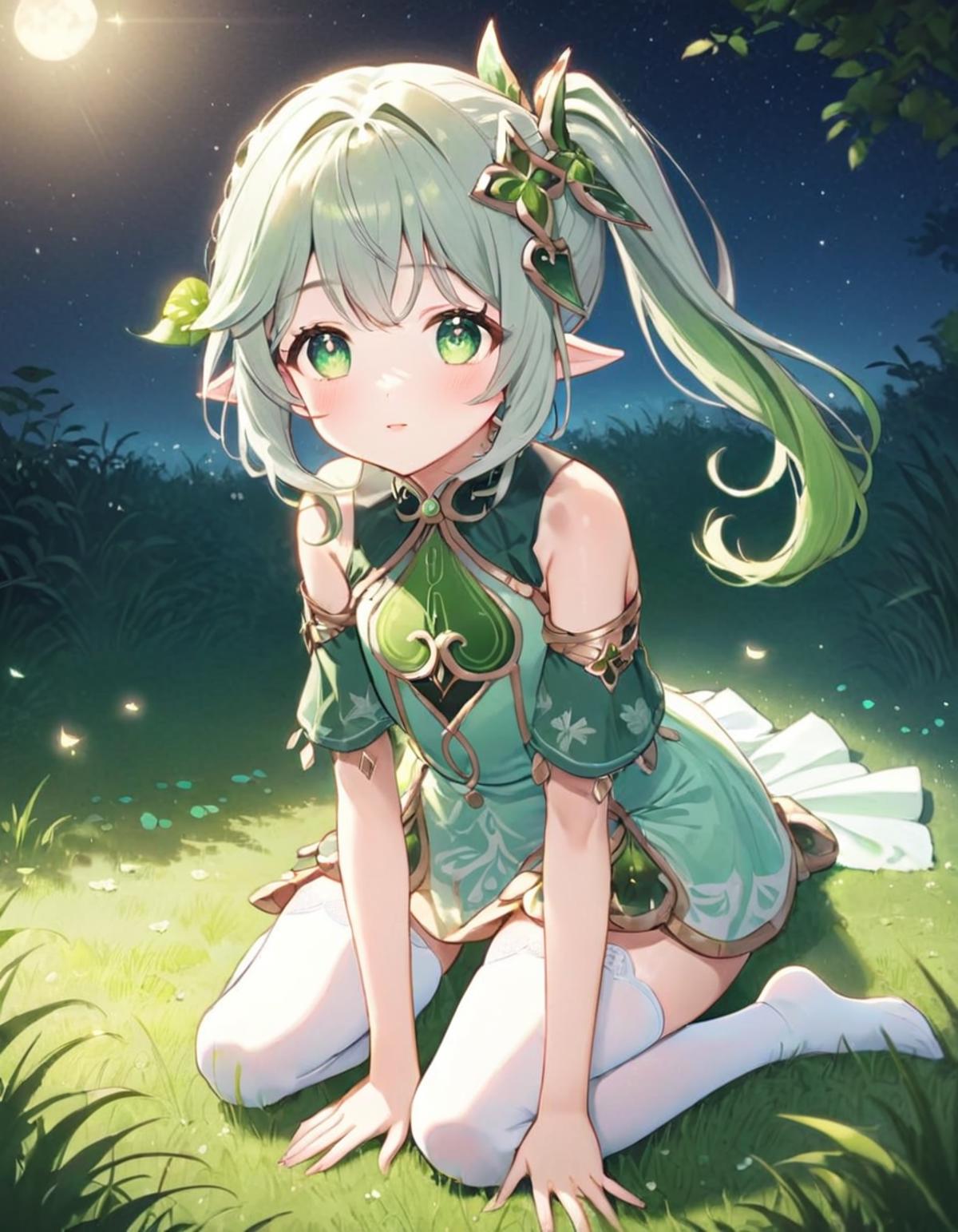 <lora:kusanali-xl-v1:0.8>,1girl,green eyes,symbol-shaped pupils,pointy ears,blush,light smile,silver hair,green hair,gradient hair,short hair,side ponytail,hair ornament,bangs,small breasts,mint green shirt,short sleeves,white skirt,belt,white legwear,zettai ryouiki,no boots,medium wide shot,bare shoulders,cute & girly \(idolmaster\),soft focus,realistic shadows,<lora:loraeyesxl:0.3>,hands crossed over the chest,<lora:SDXL Detail:1>,outdoors,nature,grass,night,night sky,moonlight scene,kneeling,bare knees,looking at viewer